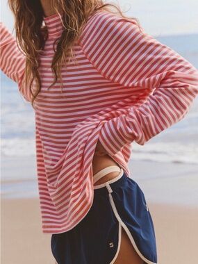 NWT Free People Coral and White Striped Mock Neck Long Sleeve Top